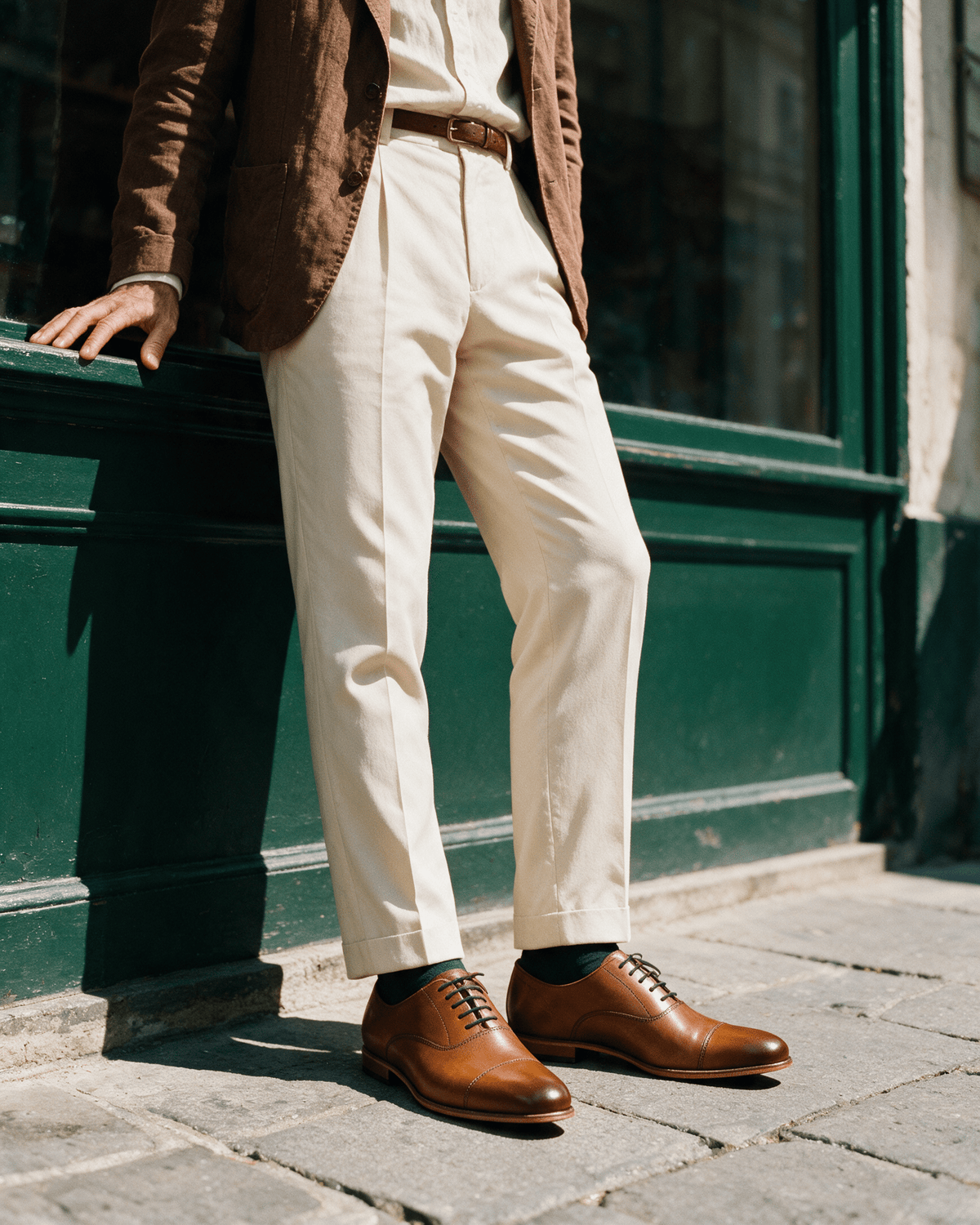 Cognac gladleren Rhodes veterschoen – gedragen, pauzerend voor een etalage