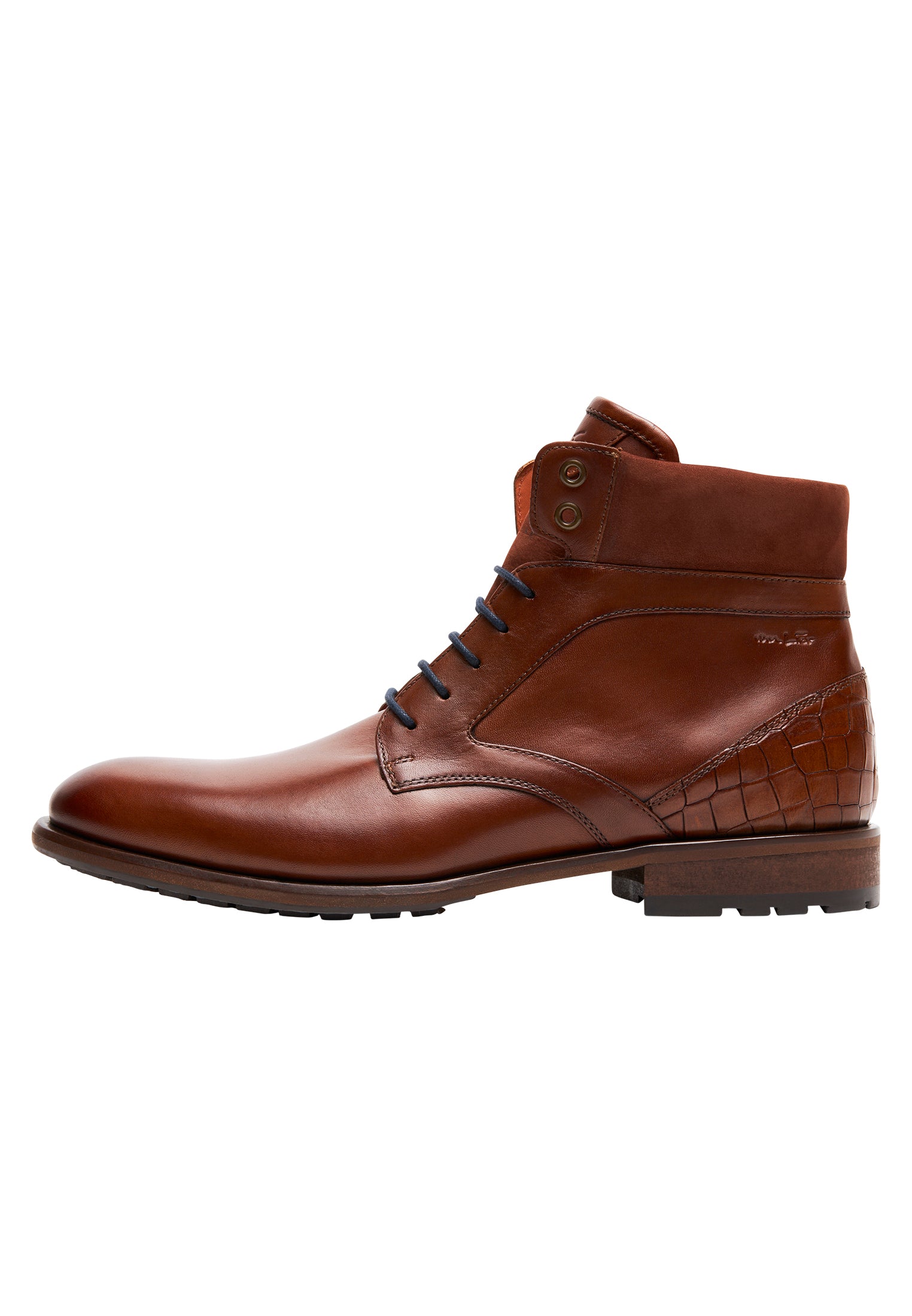 Cognac gladleren Henry boot met fijne print