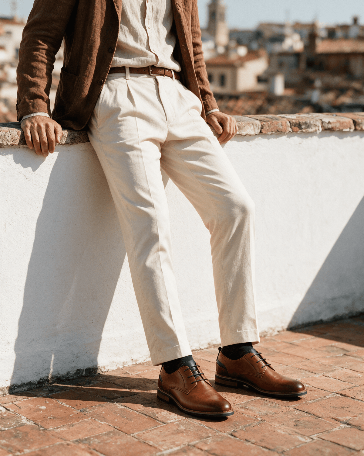 Cognac gladleren Amalfi veterschoen – gedragen, leunend tegen een dakrand
