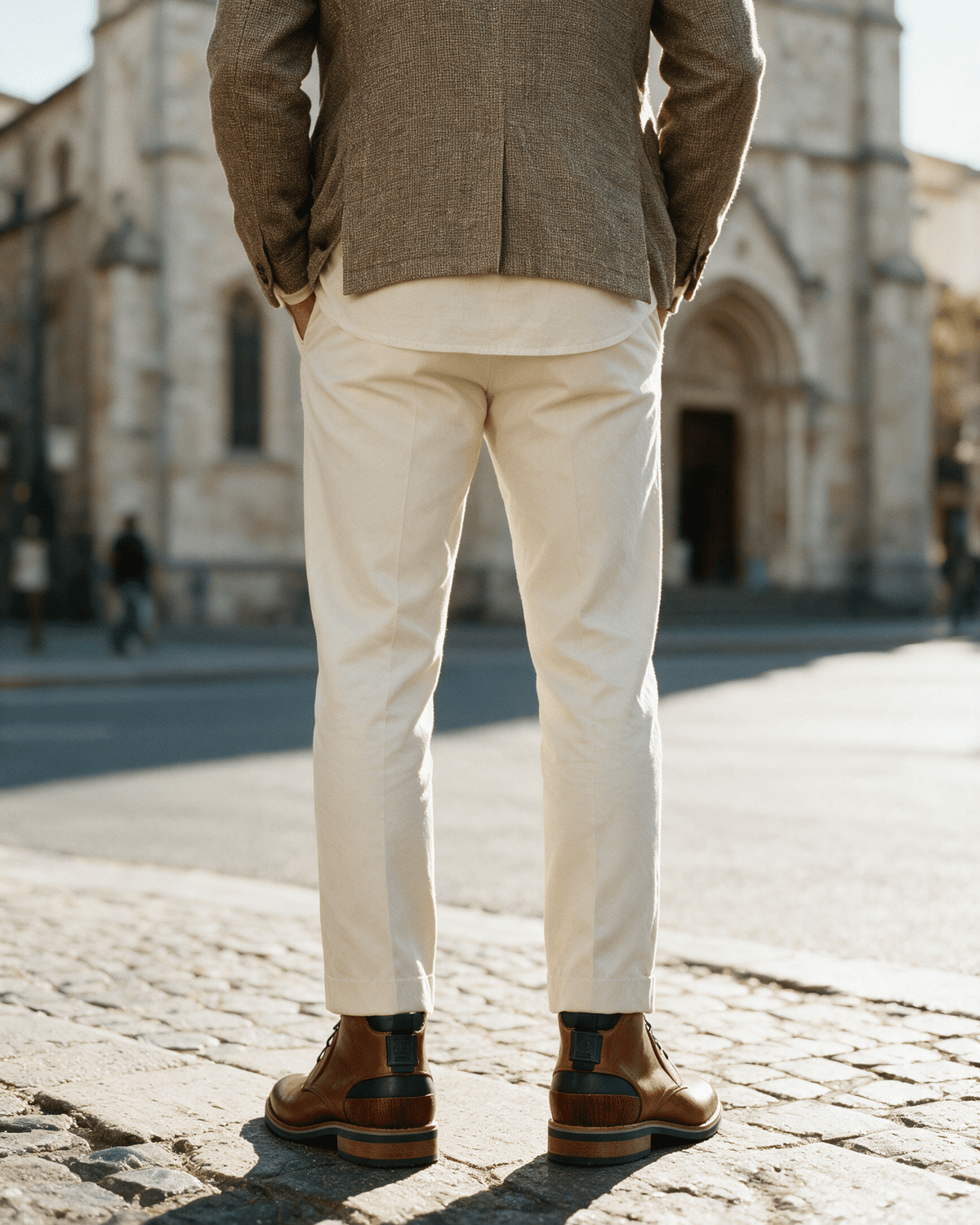 Cognac gladleren Amalfi halfhoge veterschoen – gedragen, van achteren gezien