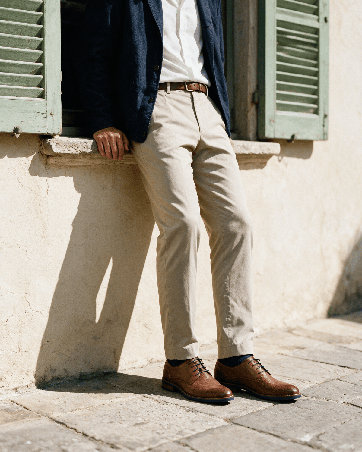 Licht cognac gladleren Amalfi veterschoen – gedragen tijdens een pauze bij een raam