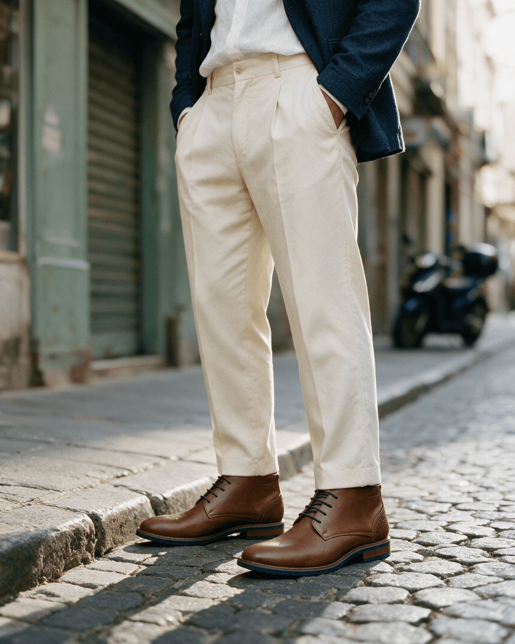Licht cognac gladleren Amalfi halfhoge veterschoen – gedragen, wachtend bij een stoeprand