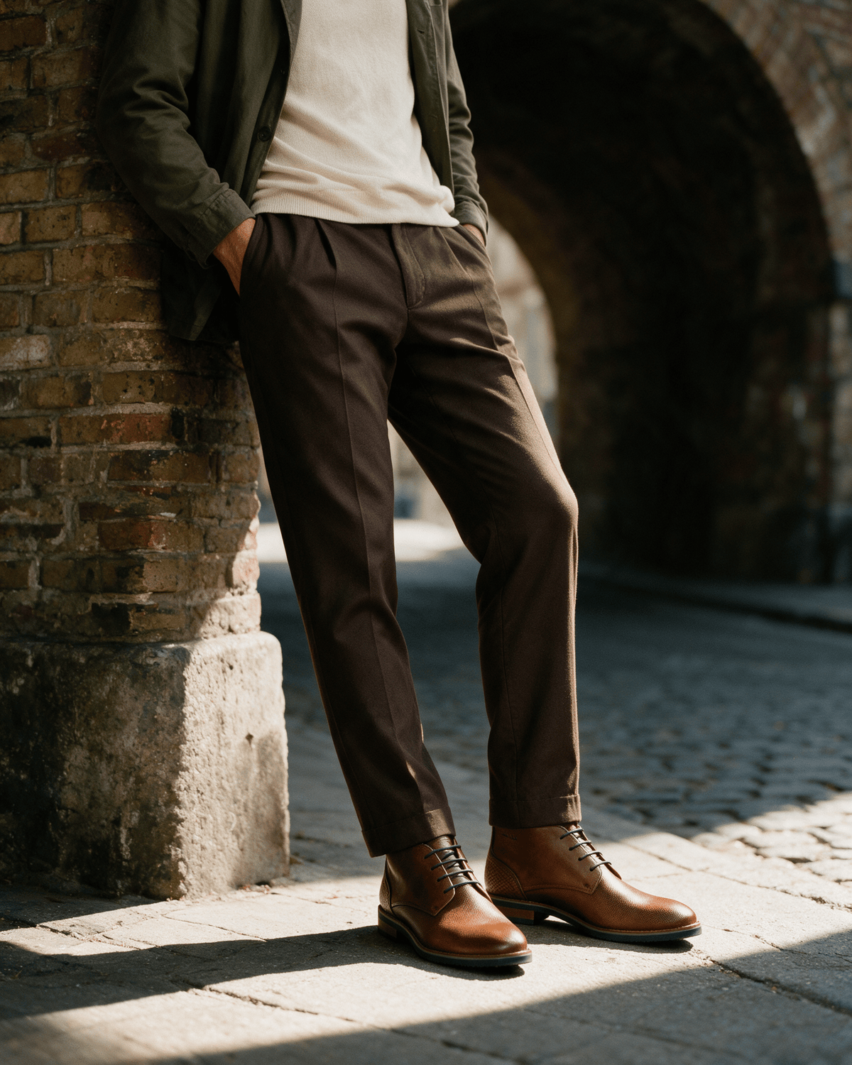 Licht cognac gladleren Amalfi halfhoge veterschoen – gedragen, leunend tegen een viaductpijler