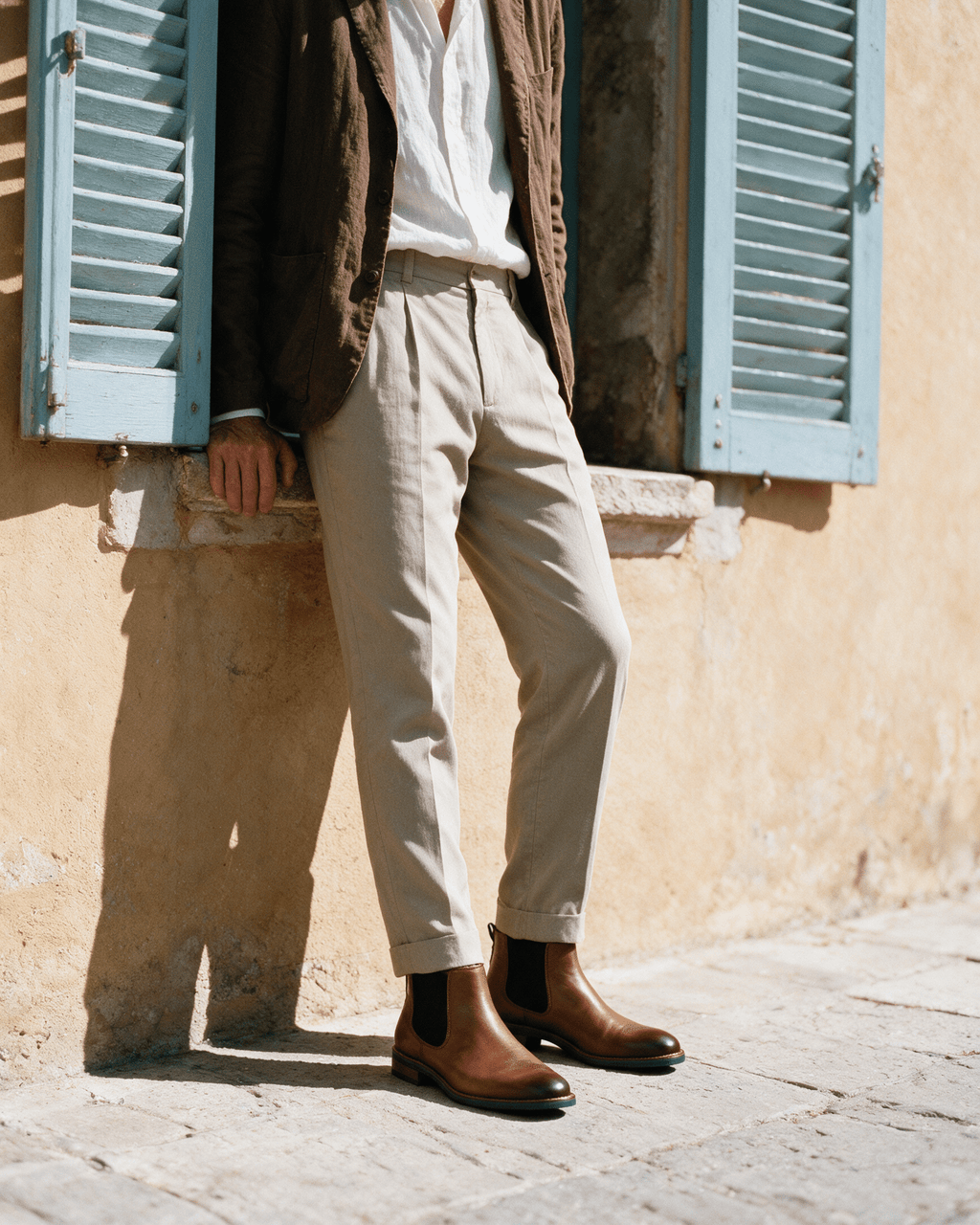Cognac gladleren Amalfi chelsea boot – gedragen, pauzerend bij een raam