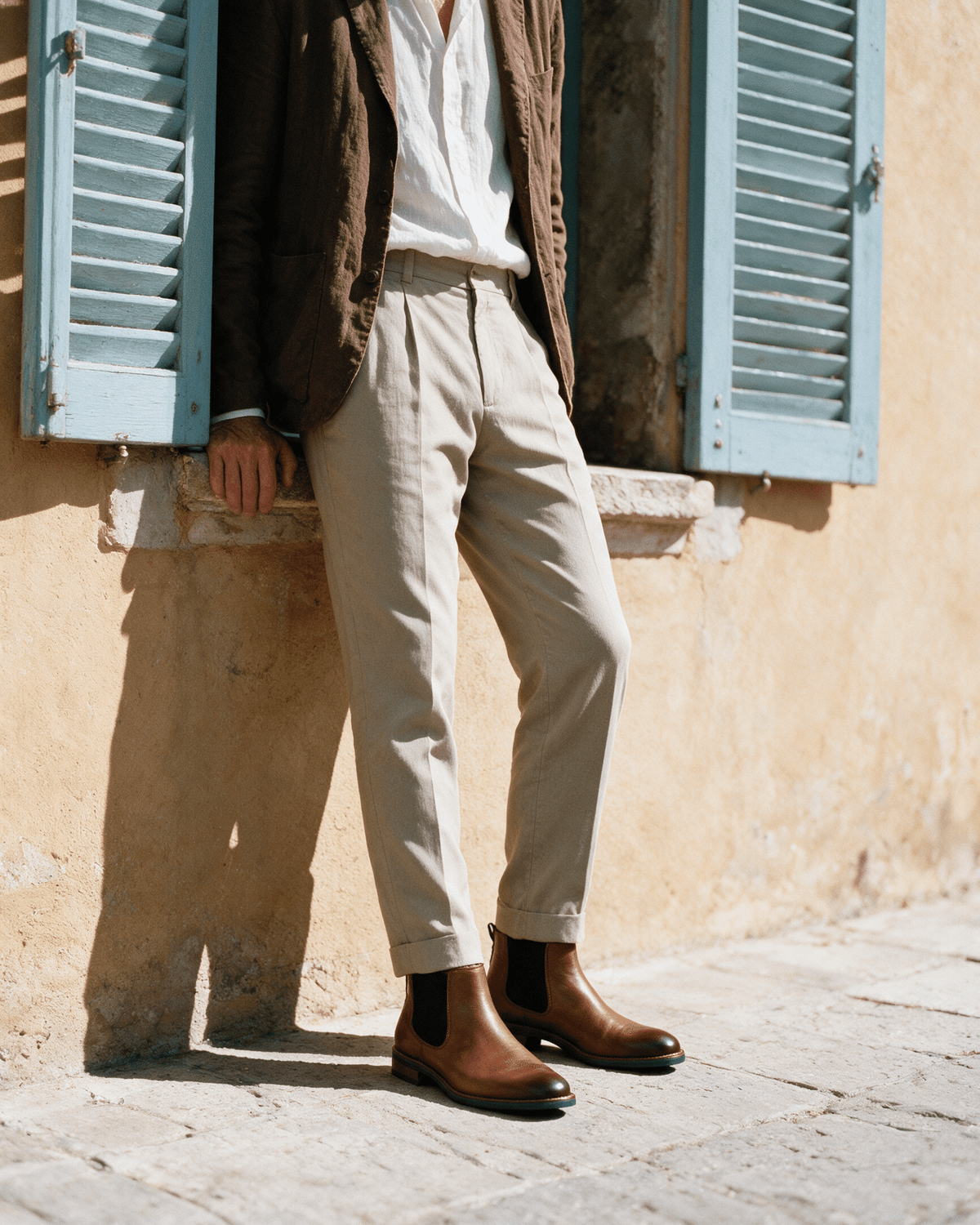 Cognac gladleren Amalfi chelsea boot – gedragen, pauzerend bij een raam