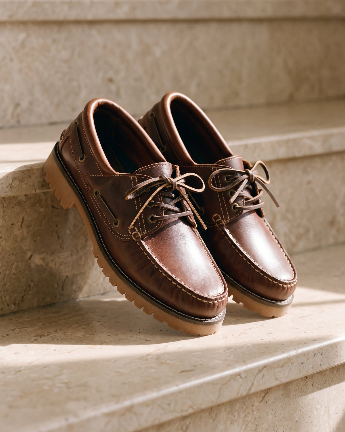 Bruin gladleren Baylands boot – close-up van het paar op marmer