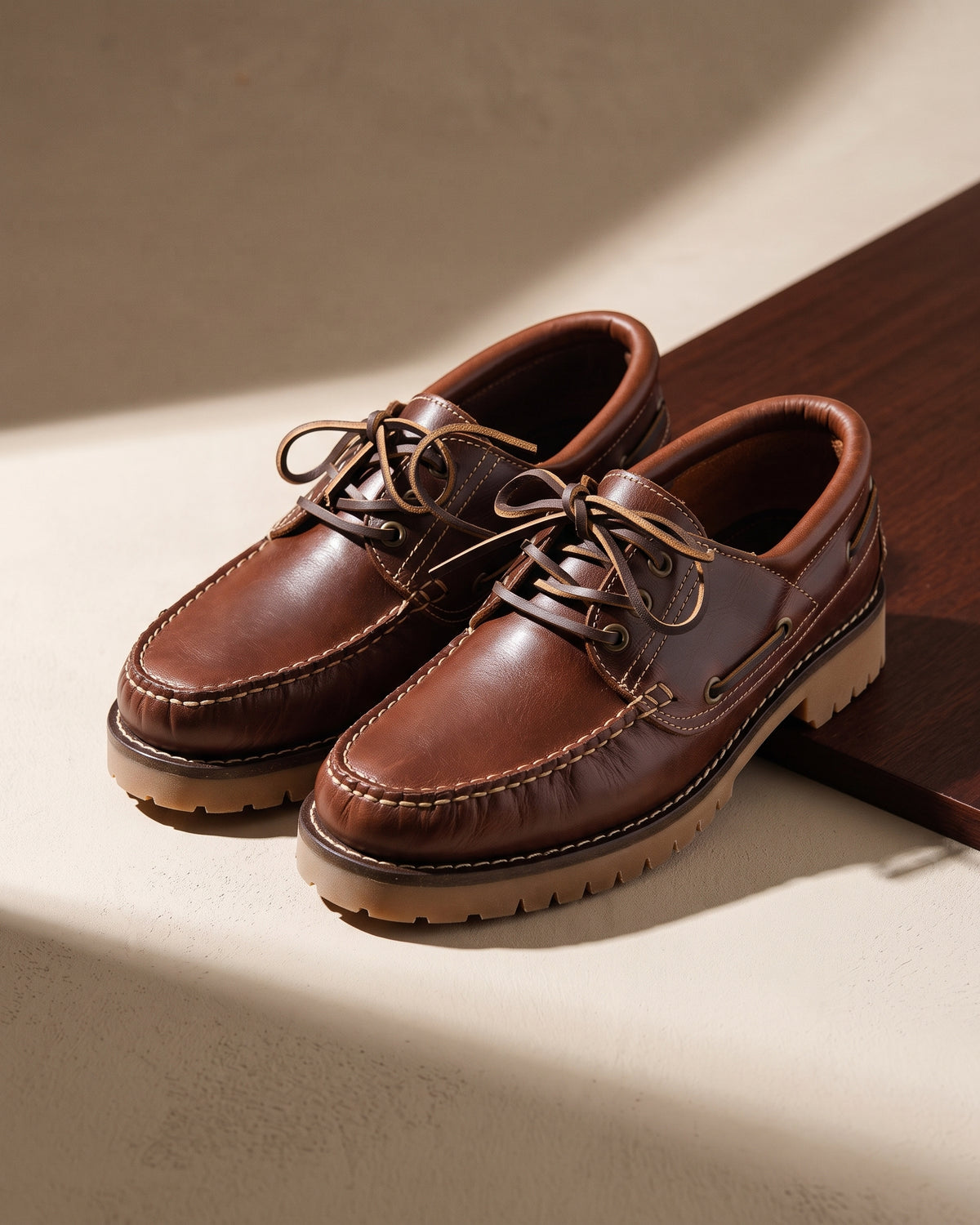 Bruin gladleren Baylands boot – close-up van het paar op hout en pleisterwerk