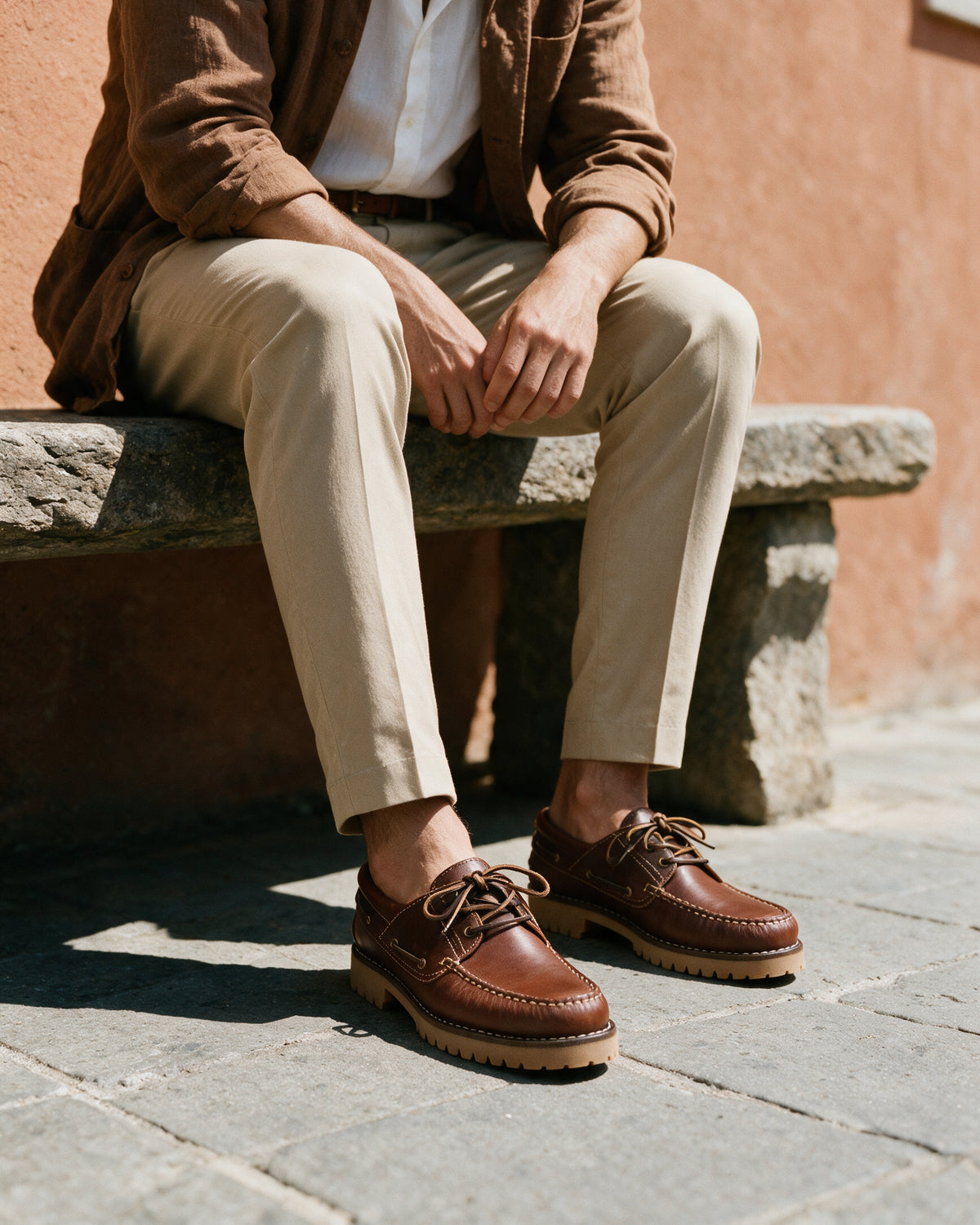 Bruin gladleren Baylands boot – gedragen, zittend op een bank
