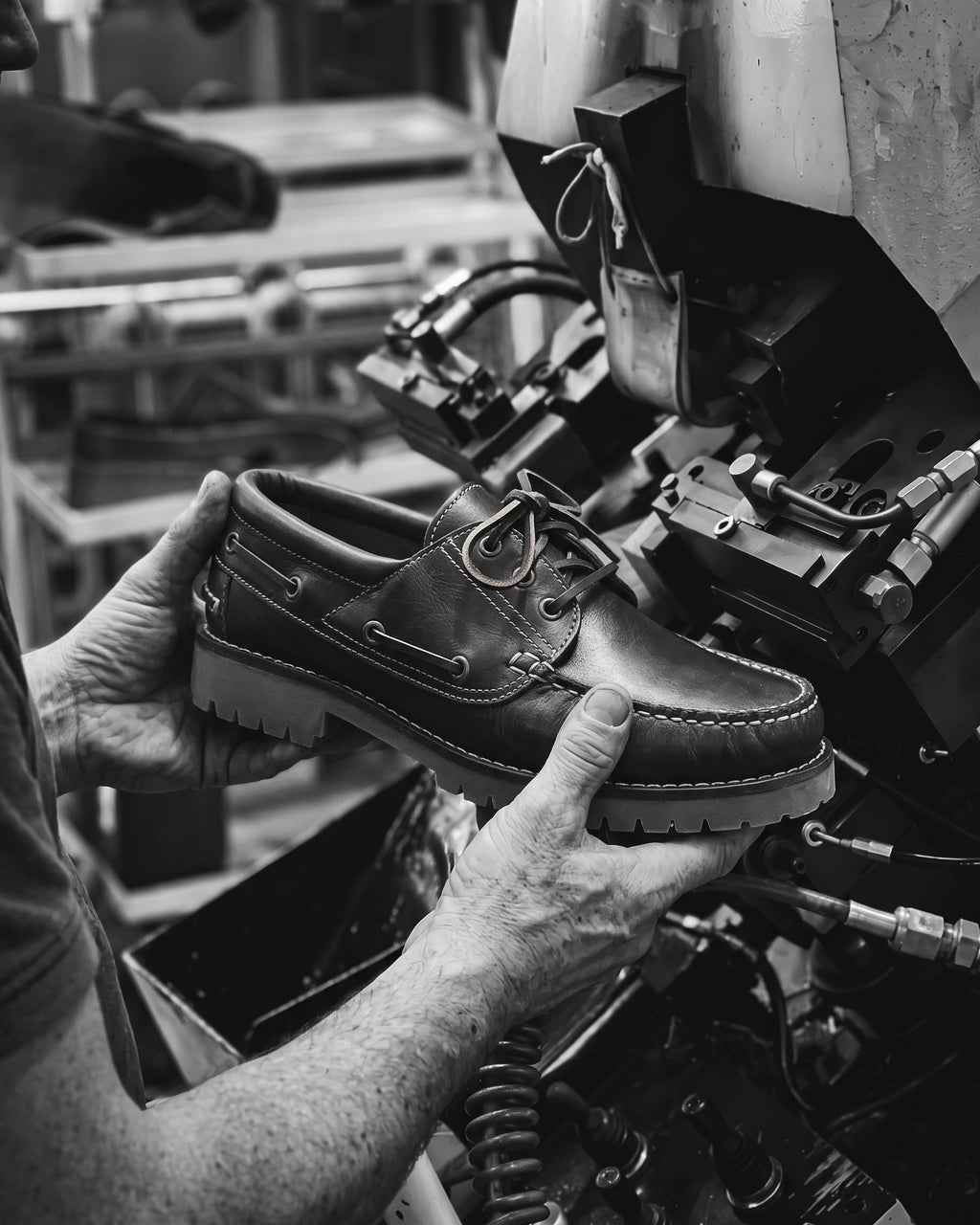 Bruin gladleren Baylands boot – zwart-wit foto van het ambachtelijke productieproces