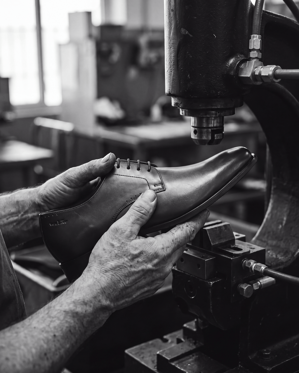 Cognac gladleren Santorini veterschoen – vakmanschap in de fabriek