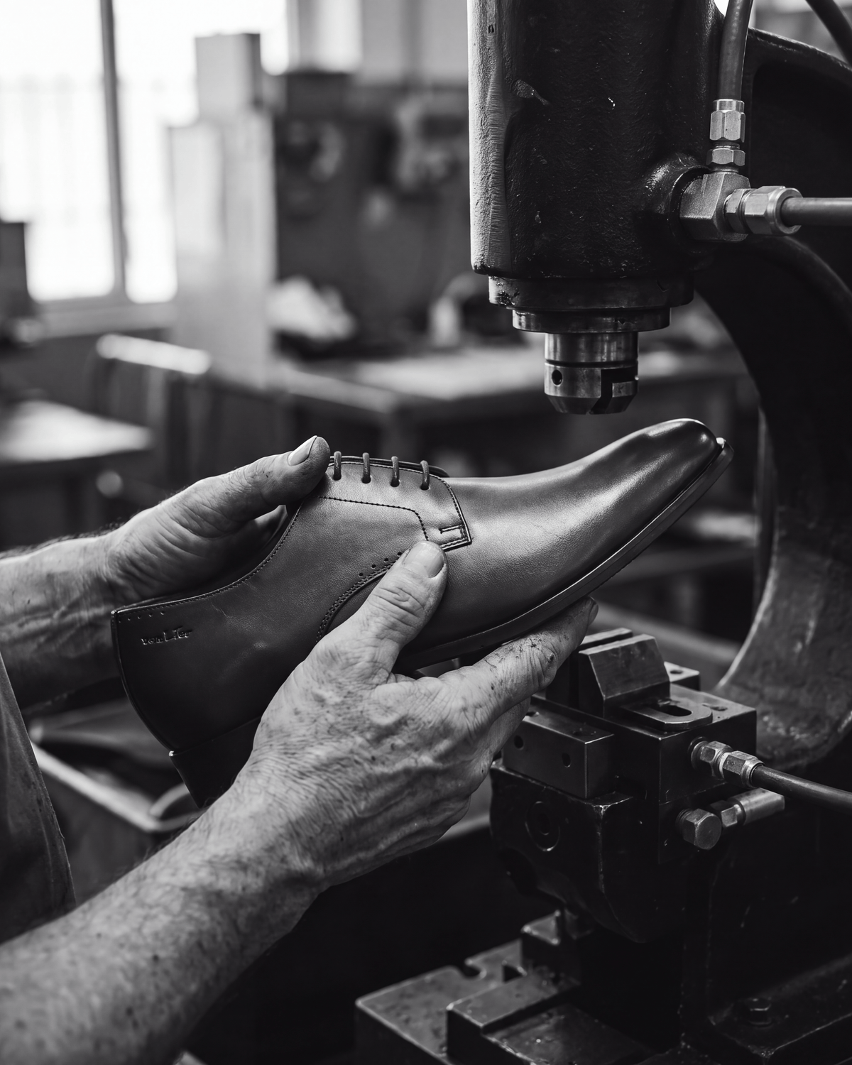 Cognac gladleren Santorini veterschoen – vakmanschap in de fabriek