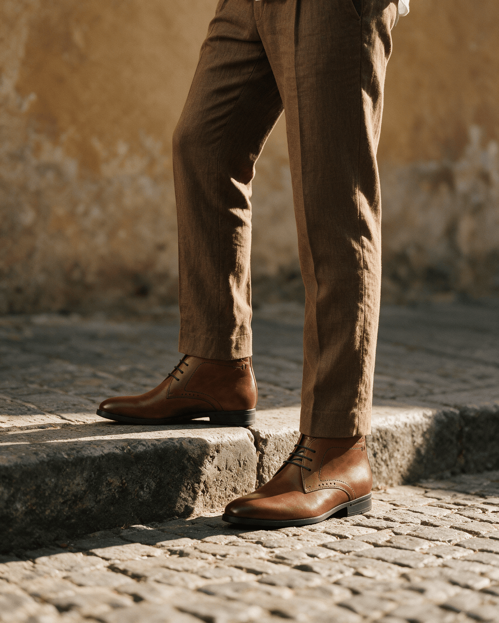 Cognac gladleren Portofino halfhoge veterschoen – gedragen, enkelhoog bij een stoeprand
