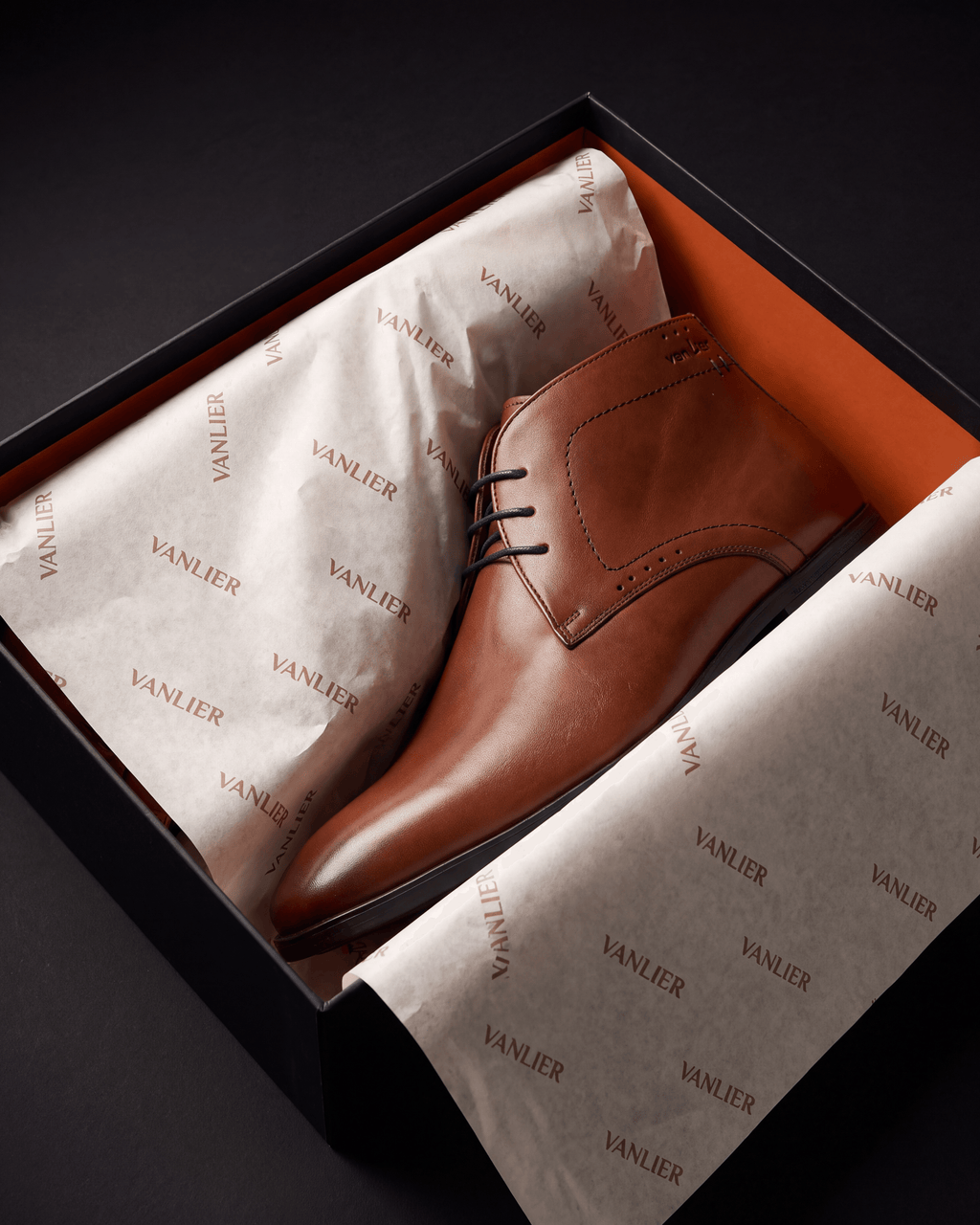 Cognac gladleren Portofino halfhoge veterschoen – in de open schoenendoos