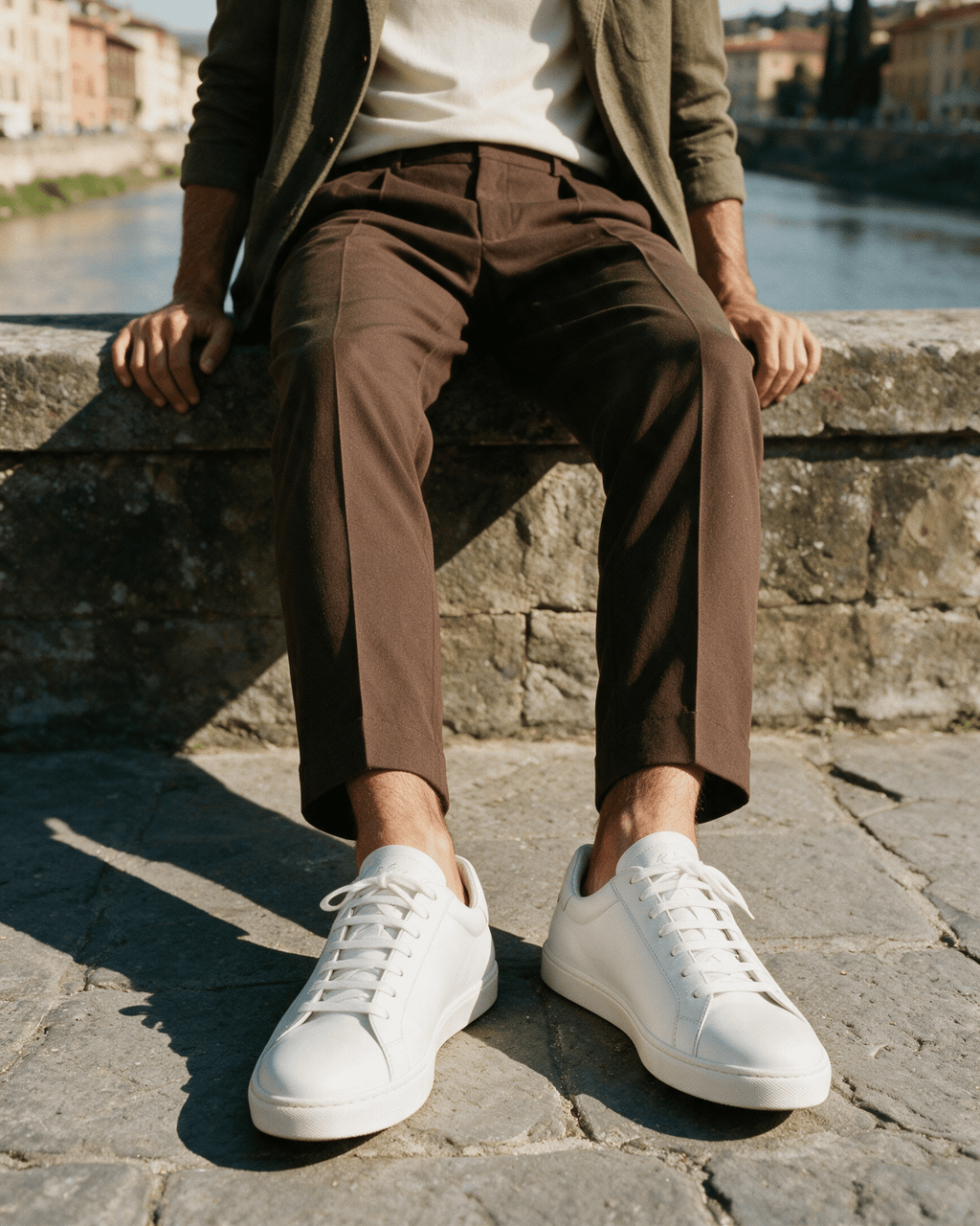 Wit gladleren Napoli sneaker – gedragen, zittend op een muurtje met gestrekte benen