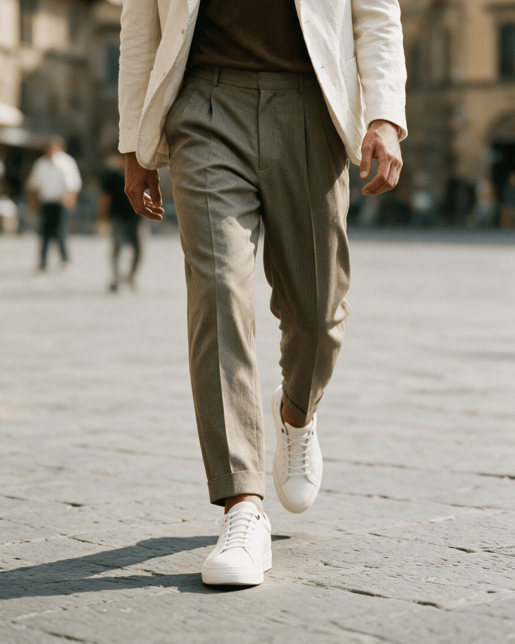 Wit gladleren Barossa sneaker – gedragen, een piazza oversteken