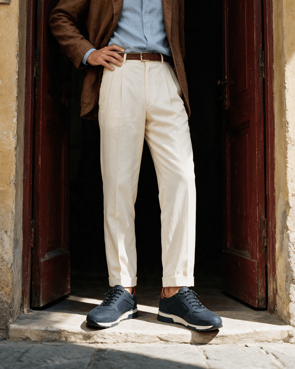 Navy blauw nubuck Positano sneaker – gedragen, in een oxbloedrode deuropening