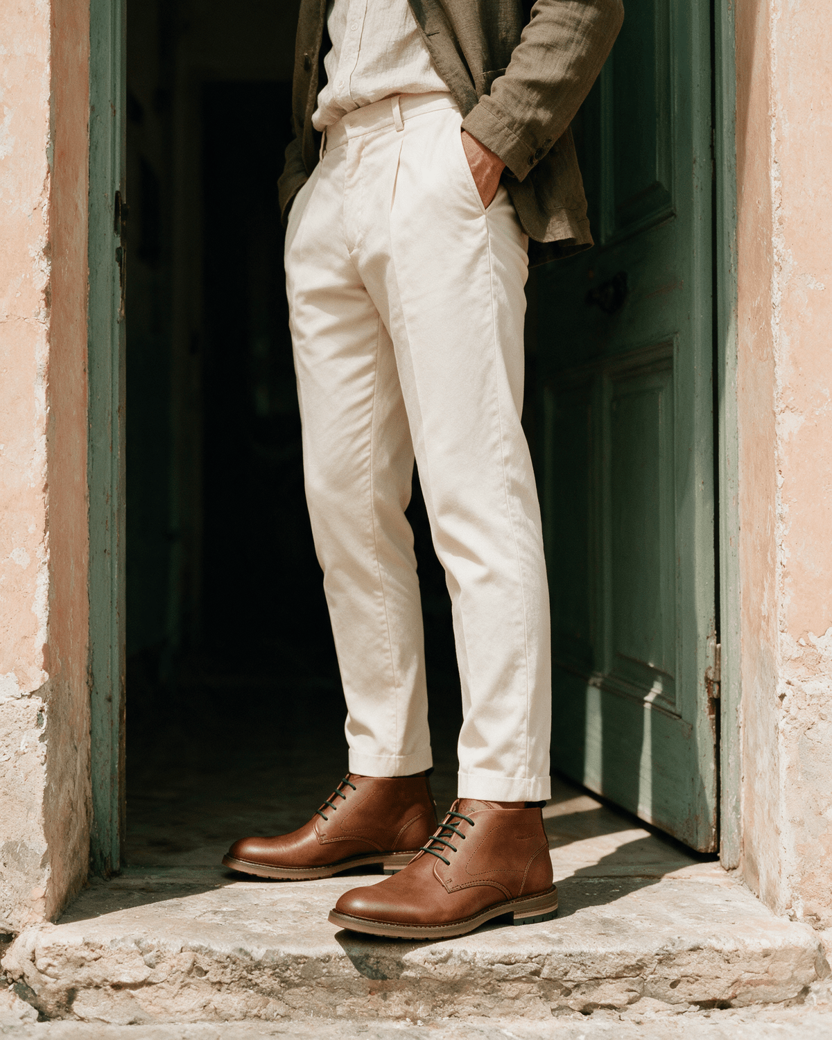 Cognac gladleren Dino Boot – gedragen in een zonnige deuropening