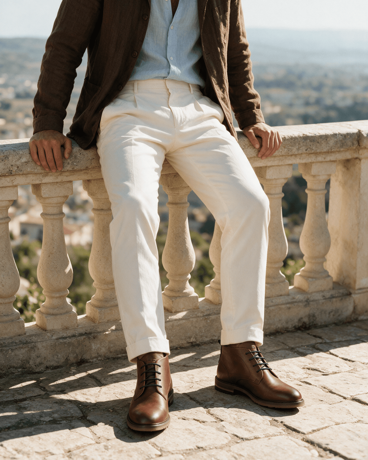 Cognac gladleren Dino Boot – gedragen, leunend tegen een balustrade