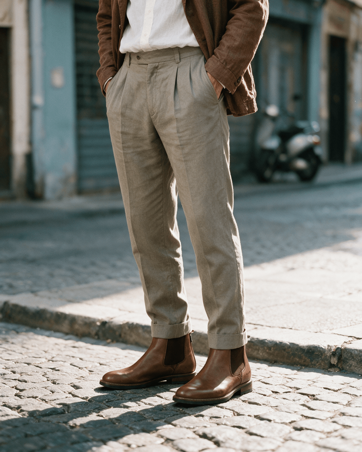 Cognac gladleren Boston chelsea boot – gedragen, wachtend bij een stoeprand