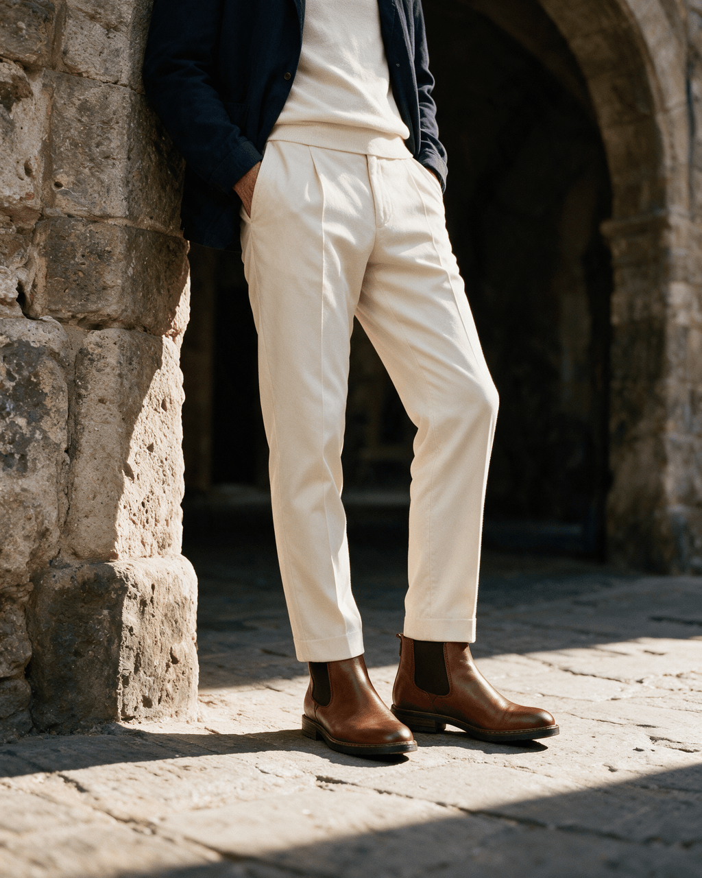 Cognac gladleren Boston chelsea boot – gedragen, leunend tegen een boog
