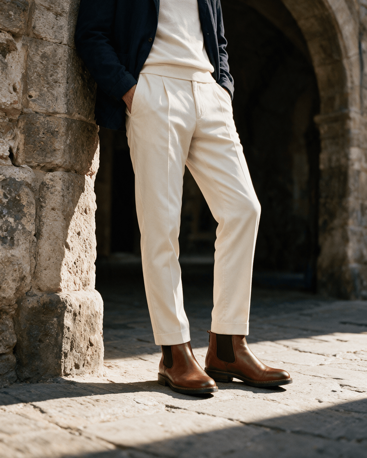 Cognac gladleren Boston chelsea boot – gedragen, leunend tegen een boog