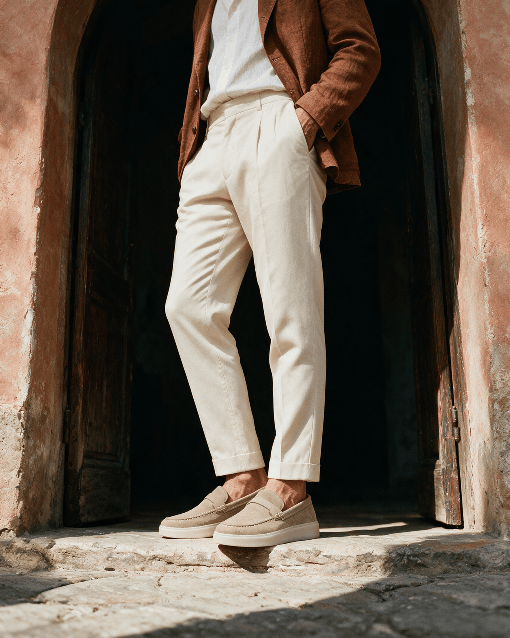 Beige suède Bari loafer – gedragen, in een zonnige deuropening