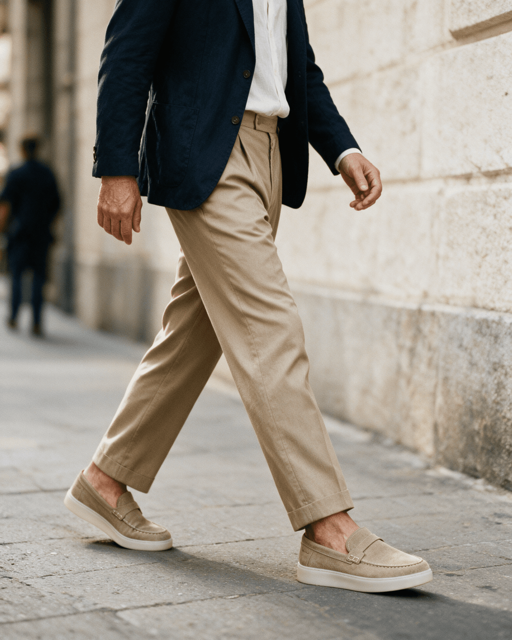 Beige suède Bari loafer – gedragen, lopend, in profiel