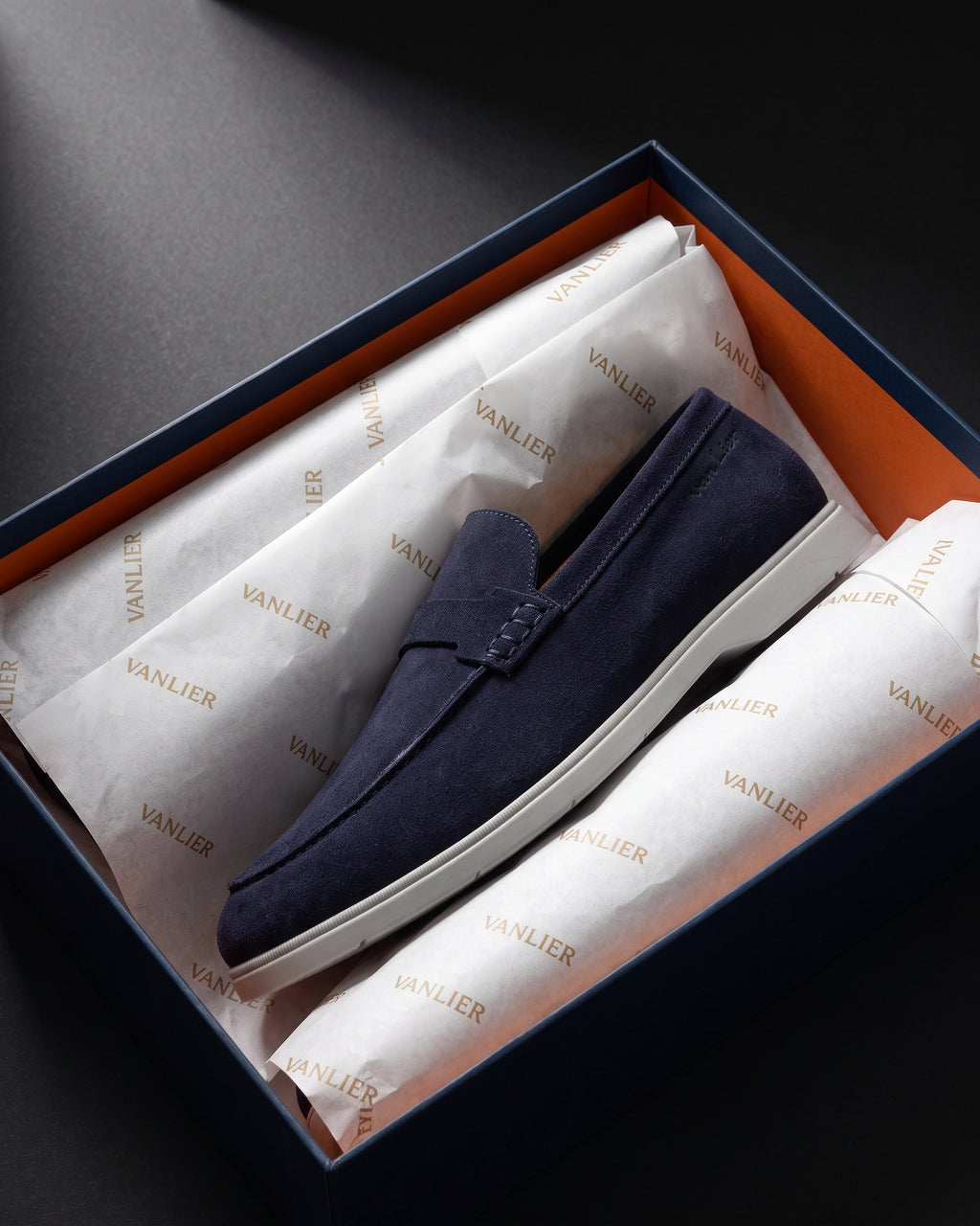 Navy blauw suède Ascona-H loafer – in de doos met vloeipapier