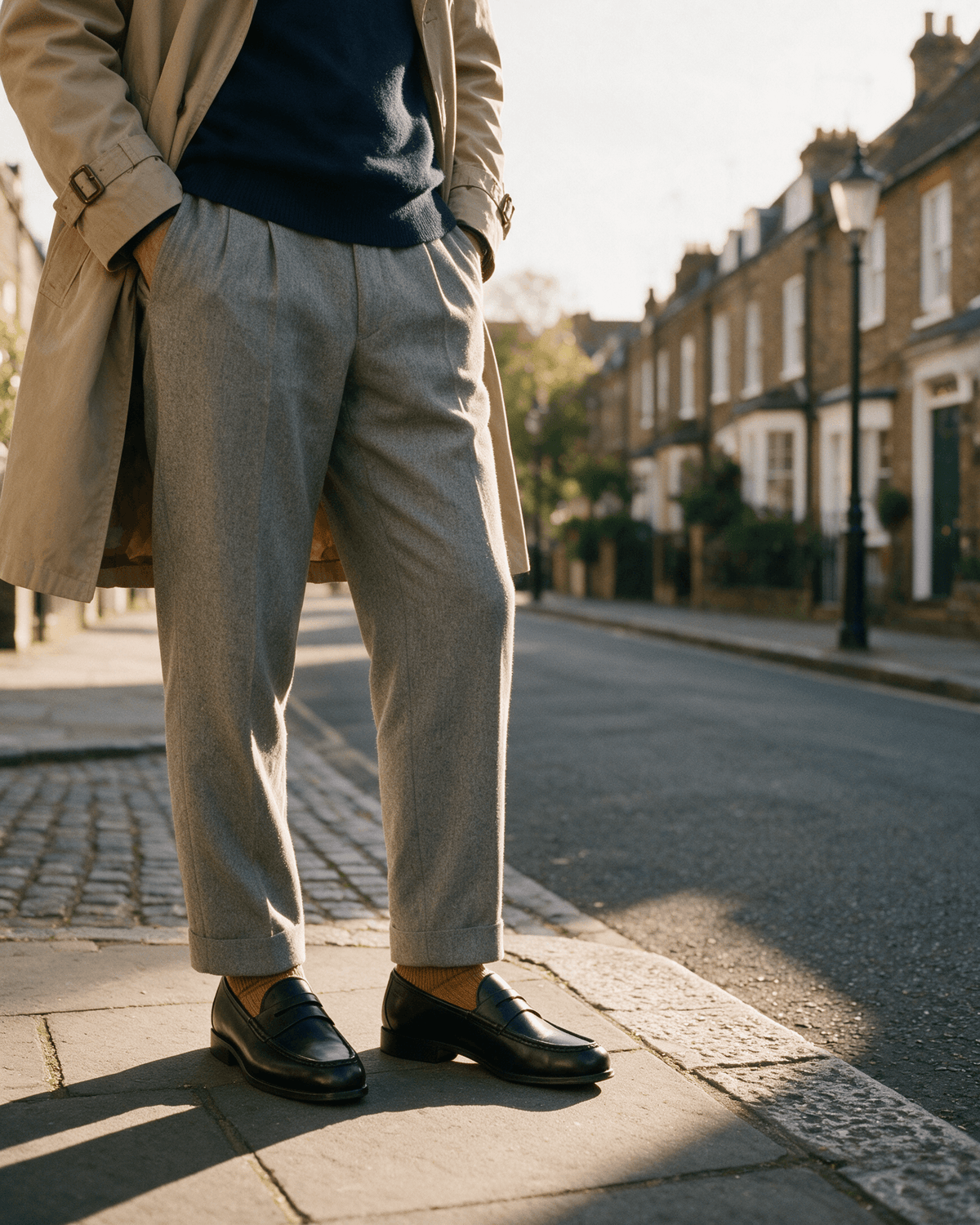 Zwart gladleren Cambridge Penny loafer – gedragen met trenchcoat en grijze pantalon