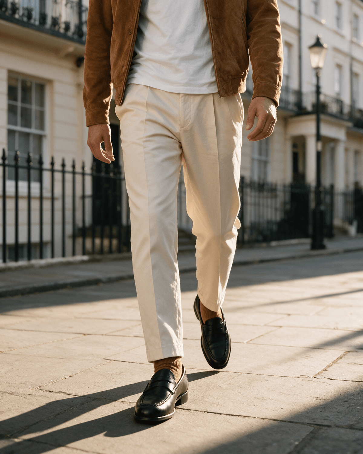 Zwart gladleren Cambridge Penny loafer – gedragen tijdens het lopen met bruine jas en crèmekleurige pantalon