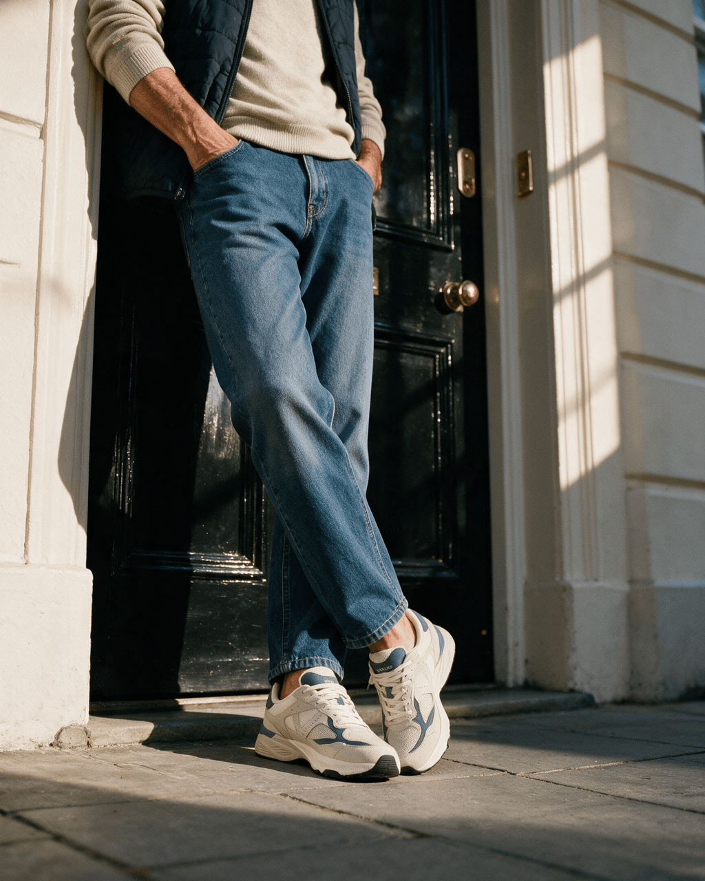 Wit lichtblauw combi Cosmos sneaker – gedragen met jeans, tweede stadsbeeld